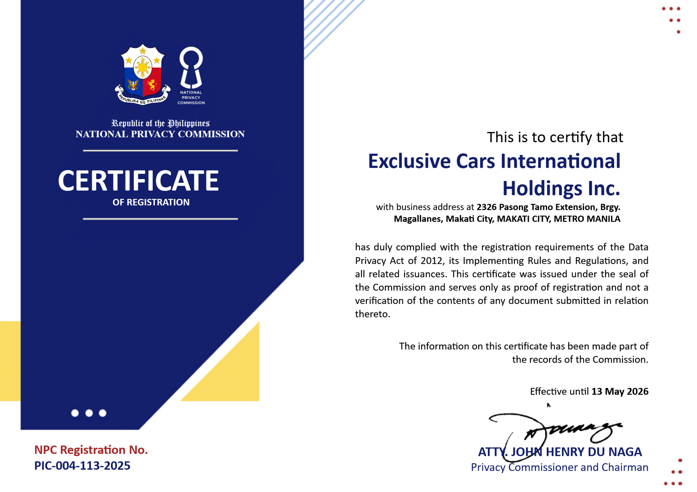 NPC certificate of registration